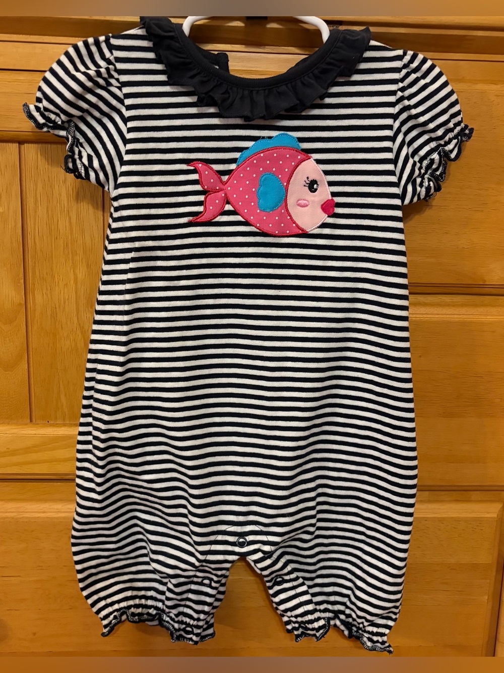 Baby Luigi Girl's Blue & White Striped Knit Romper w/Pink Fish Appliqué Size 18M